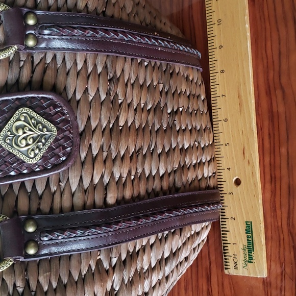 Coldwater Creek Woven Straw Brown Rustic Faux Leather Shoulder Bag Picnic Tote. - Picture 14 of 16